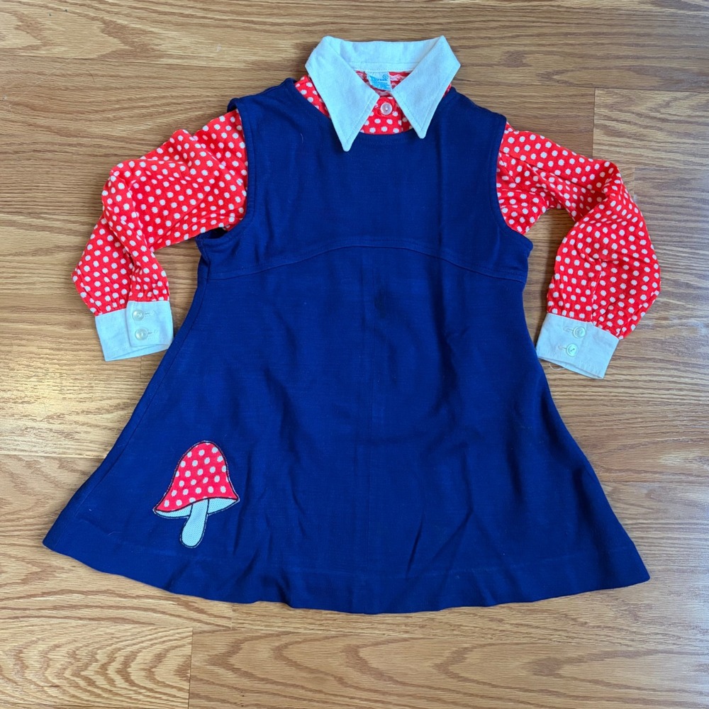 Vintage 1970s Mushroom Patch Pinafore Dress + Polka Dot Blouse Set Size 5 Retro